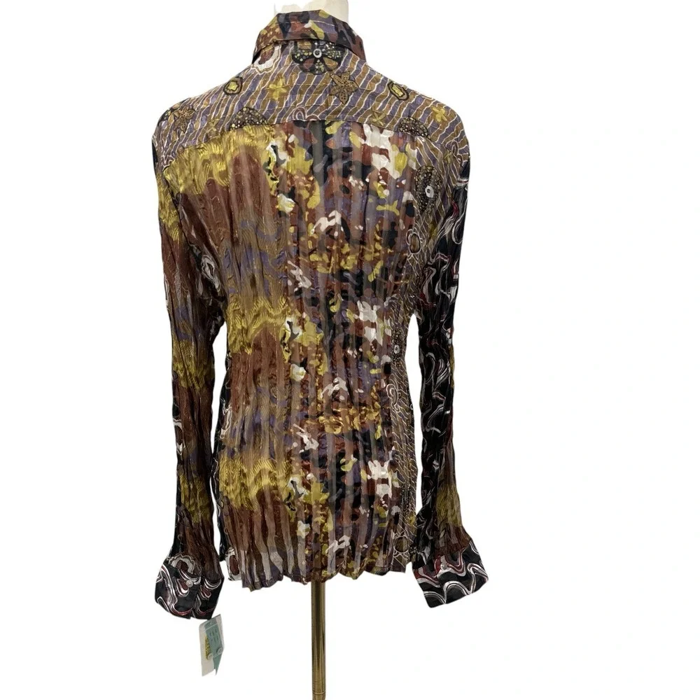 Belissimo New York XL Sheer Crinkle Blouse Metallic Abstract Print NWT‎ Top Boho